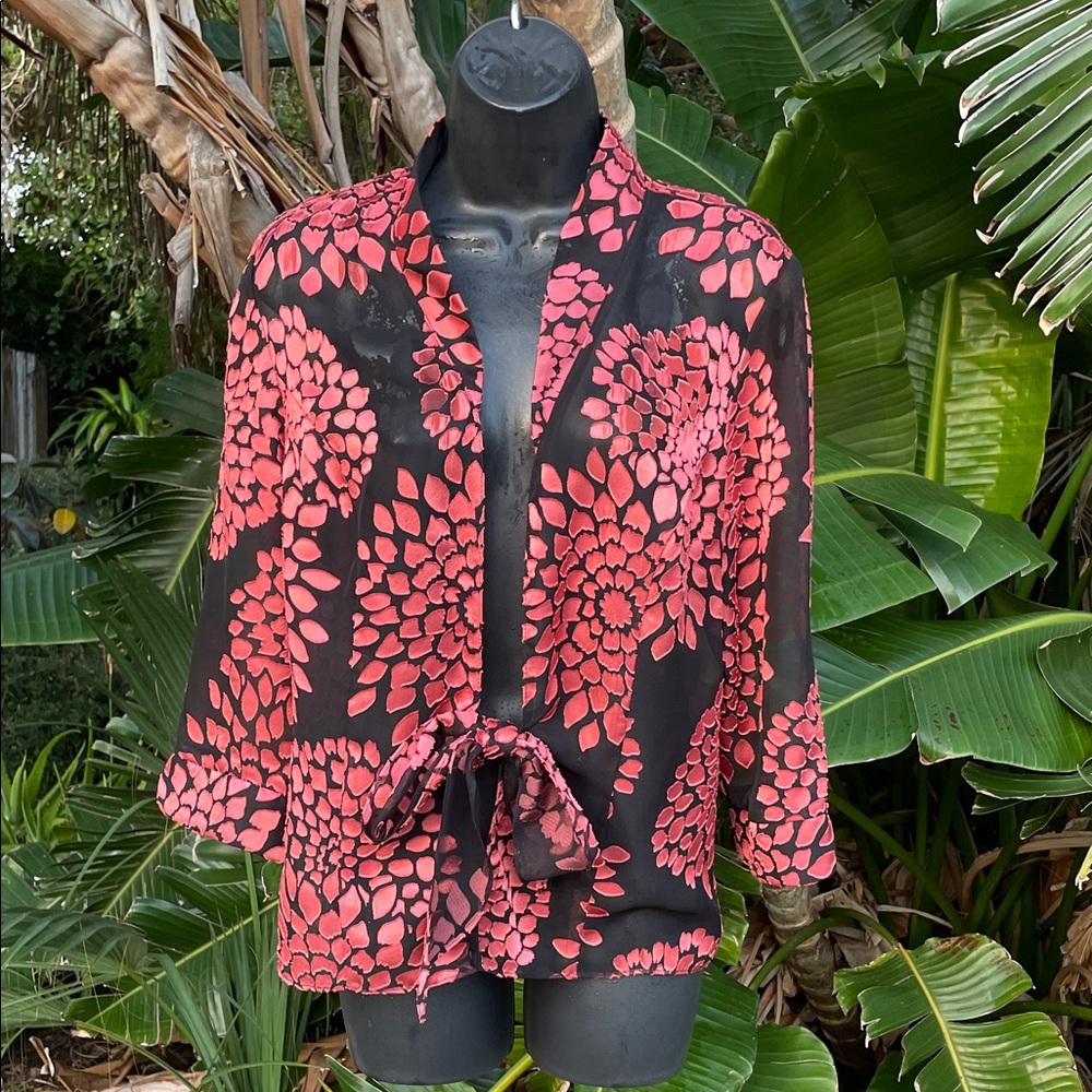 Organza dark floral burnout jacket with bow tie